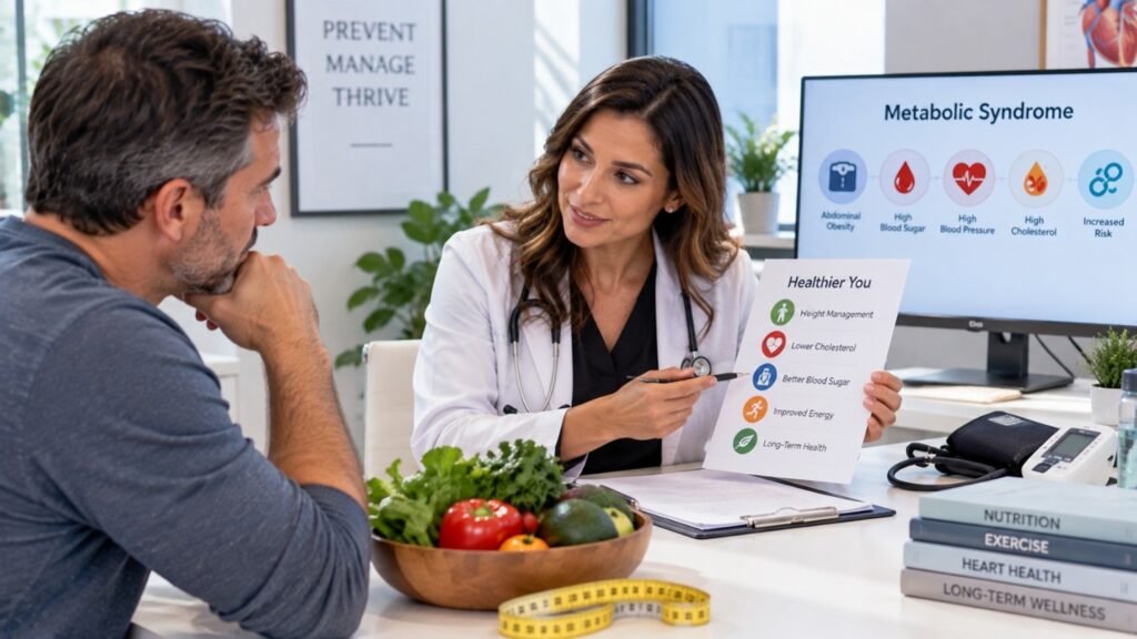 A Nurse Practitioner reviewing a metabolic syndrome diagram on a screen with a patient, holding a card listing weight management, lower cholesterol, better blood sugar, improved energy, and long-term health