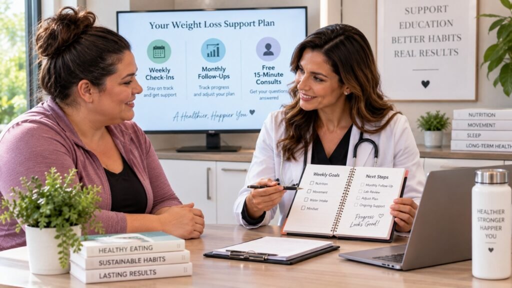 A Nurse Practitioner showing a patient a weekly goals and next steps notebook, with a screen behind them outlining weekly check-ins, monthly follow-ups, and free 15-minute consults